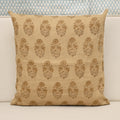 Camel linen pillow cover with hand block printed tawny brown floral buti bouquet, front view