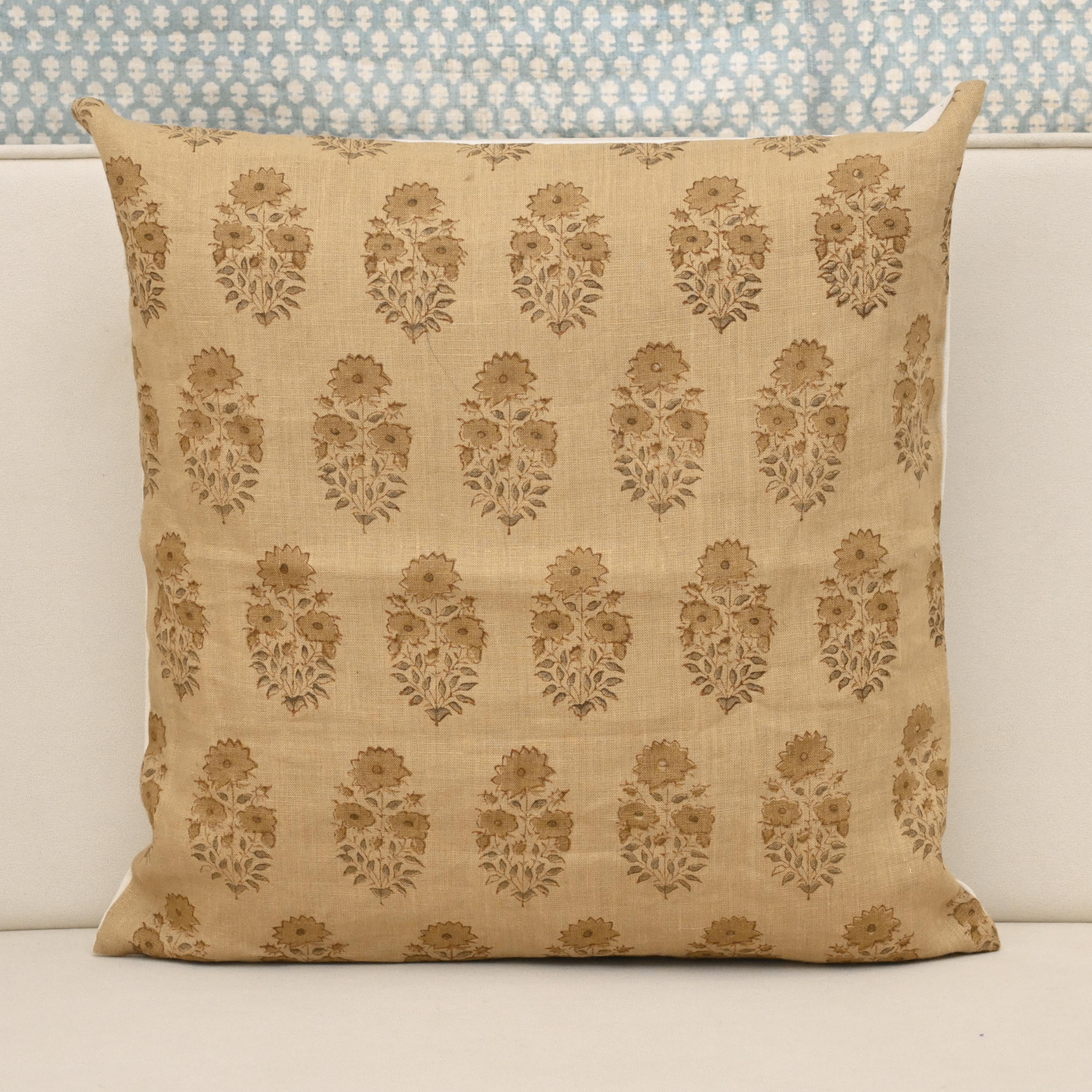 Camel linen pillow cover with hand block printed tawny brown floral buti bouquet, front view
