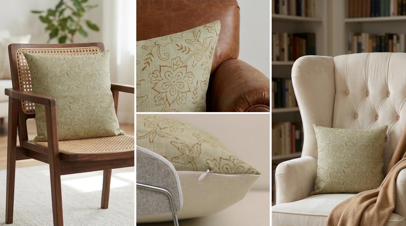 Sage green floral linen cushion cover on a neutral armchair