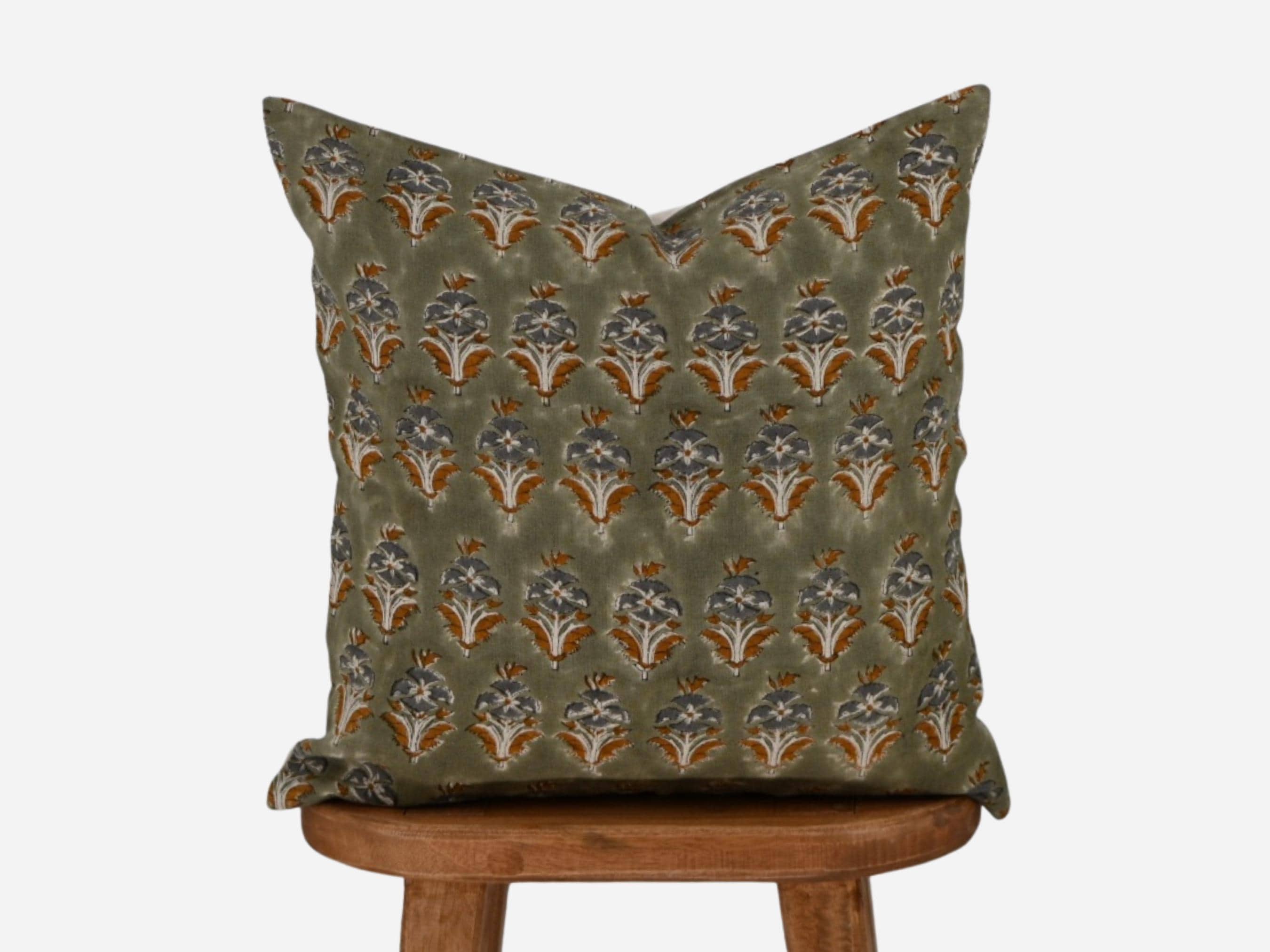 Sage green floral buti hand block print linen pillow cover, front view