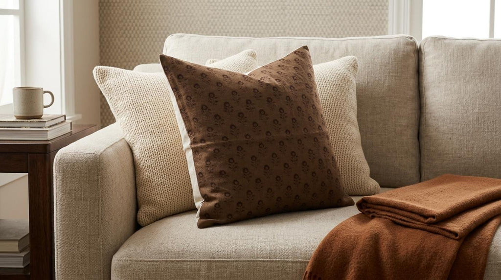 Hidden zipper closure on brown floral buti block print cushion cover