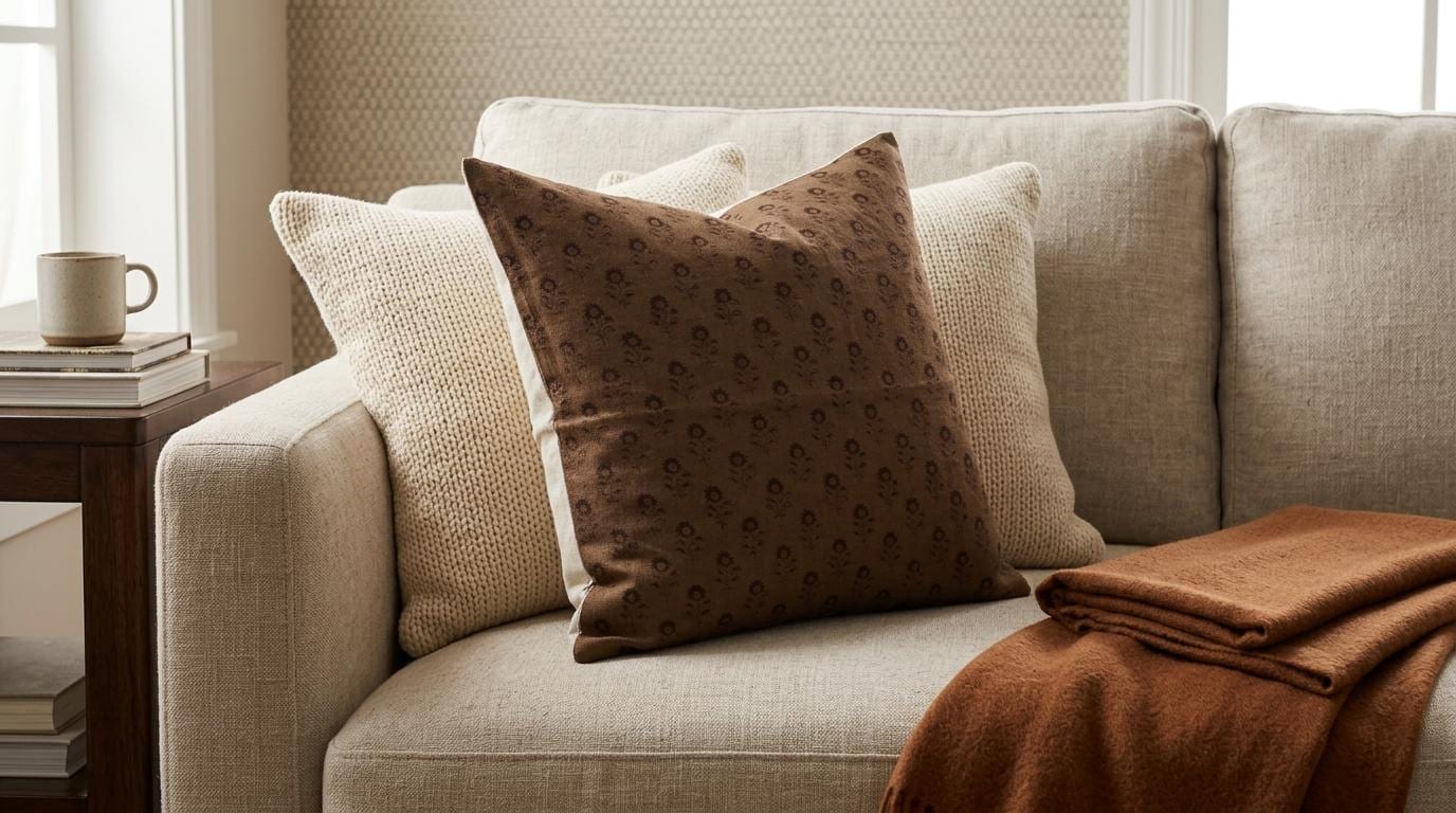 Hidden zipper closure on brown floral buti block print cushion cover