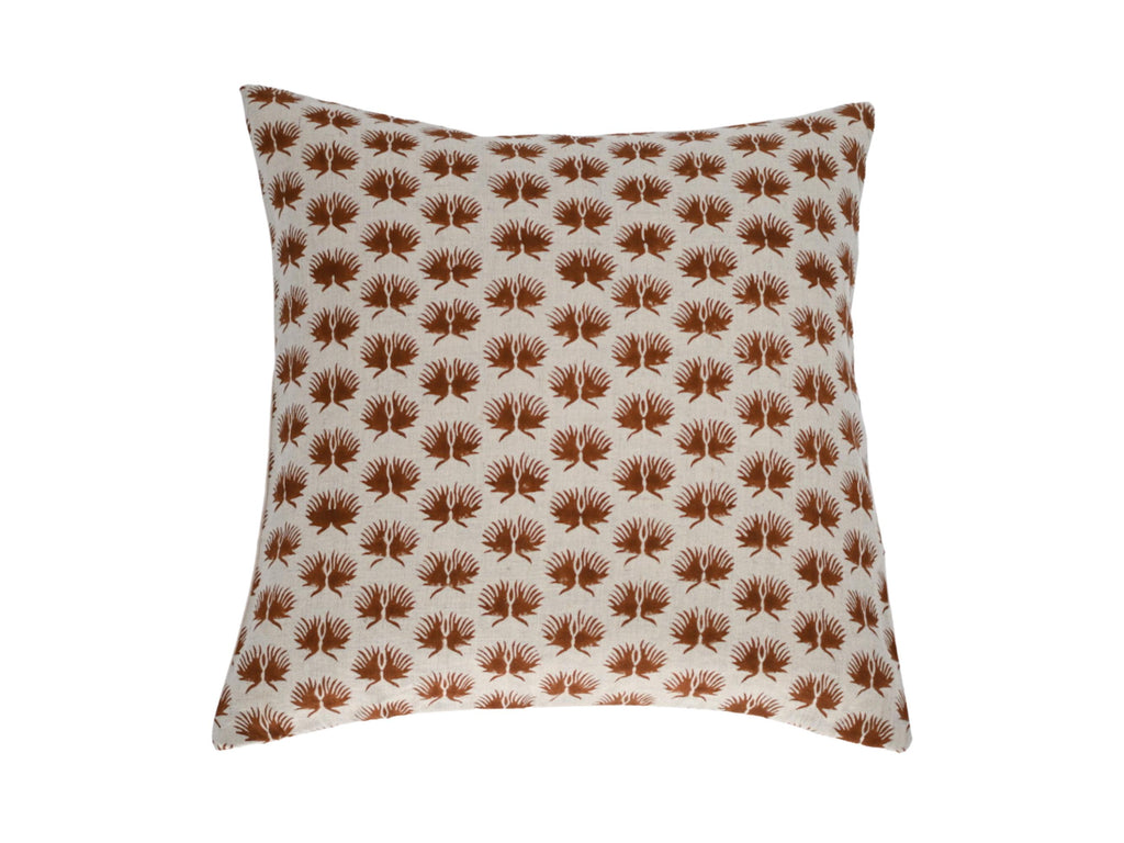Rust terracotta fern motif hand block print linen pillow cover, front view