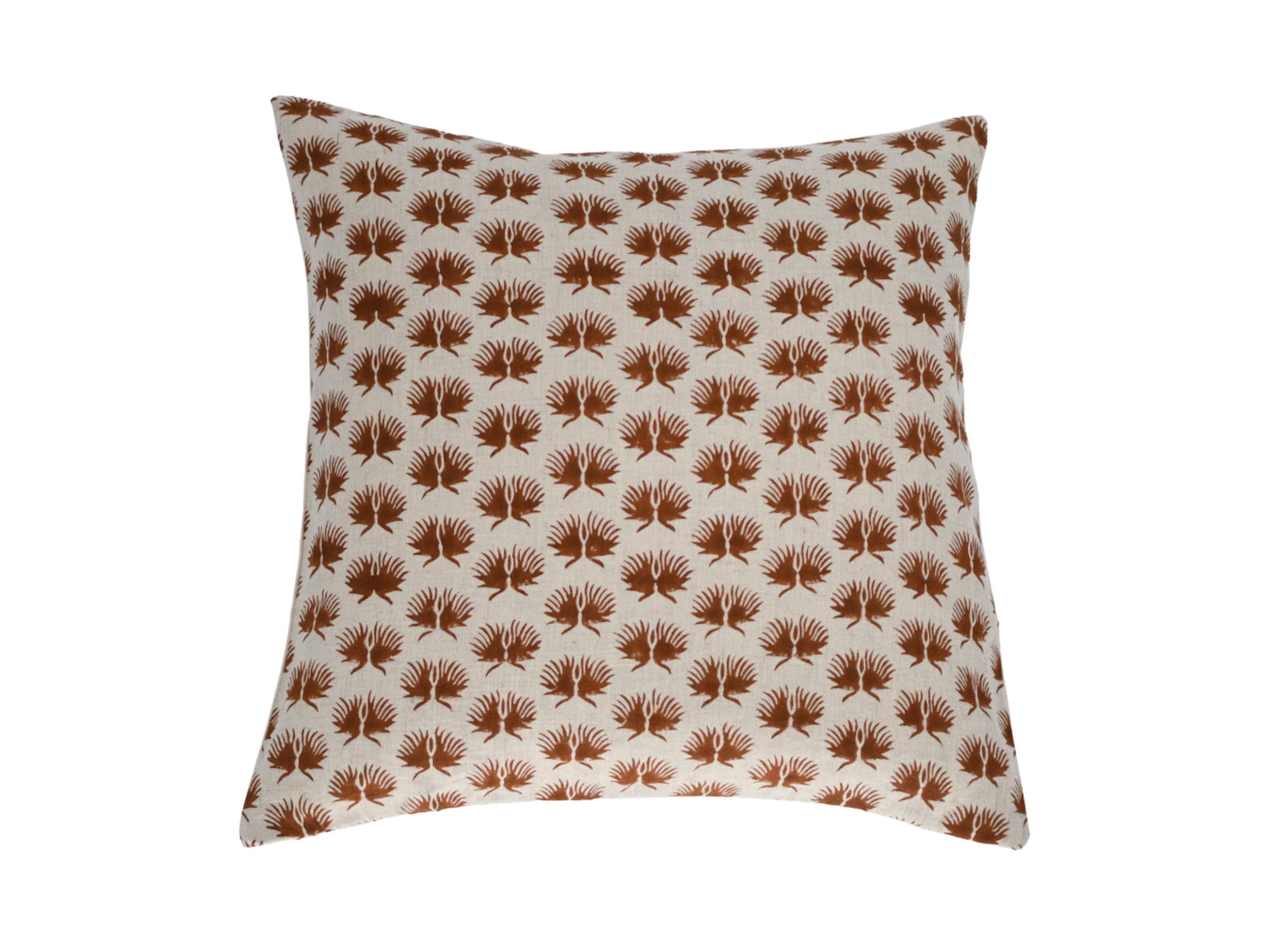 Rust terracotta fern motif hand block print linen pillow cover, front view