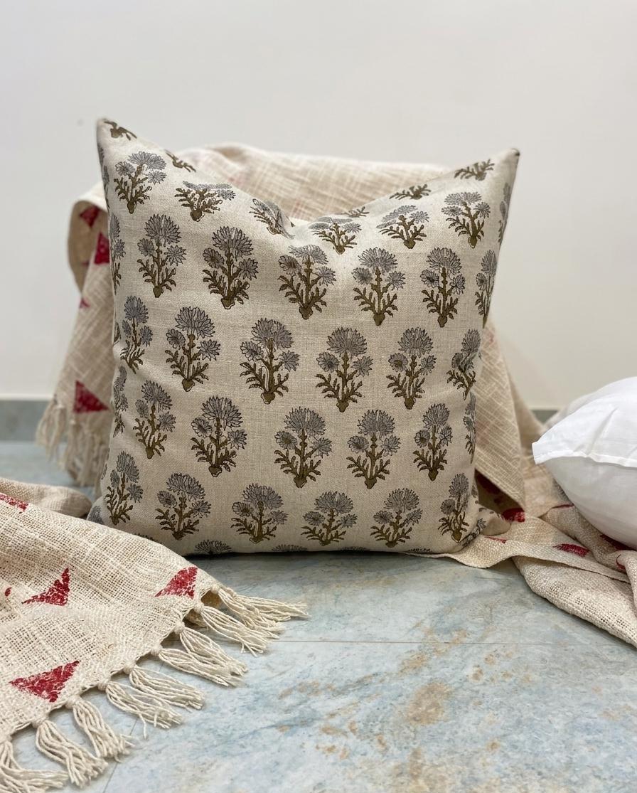 Back view of Mughal buta block print linen pillow cover