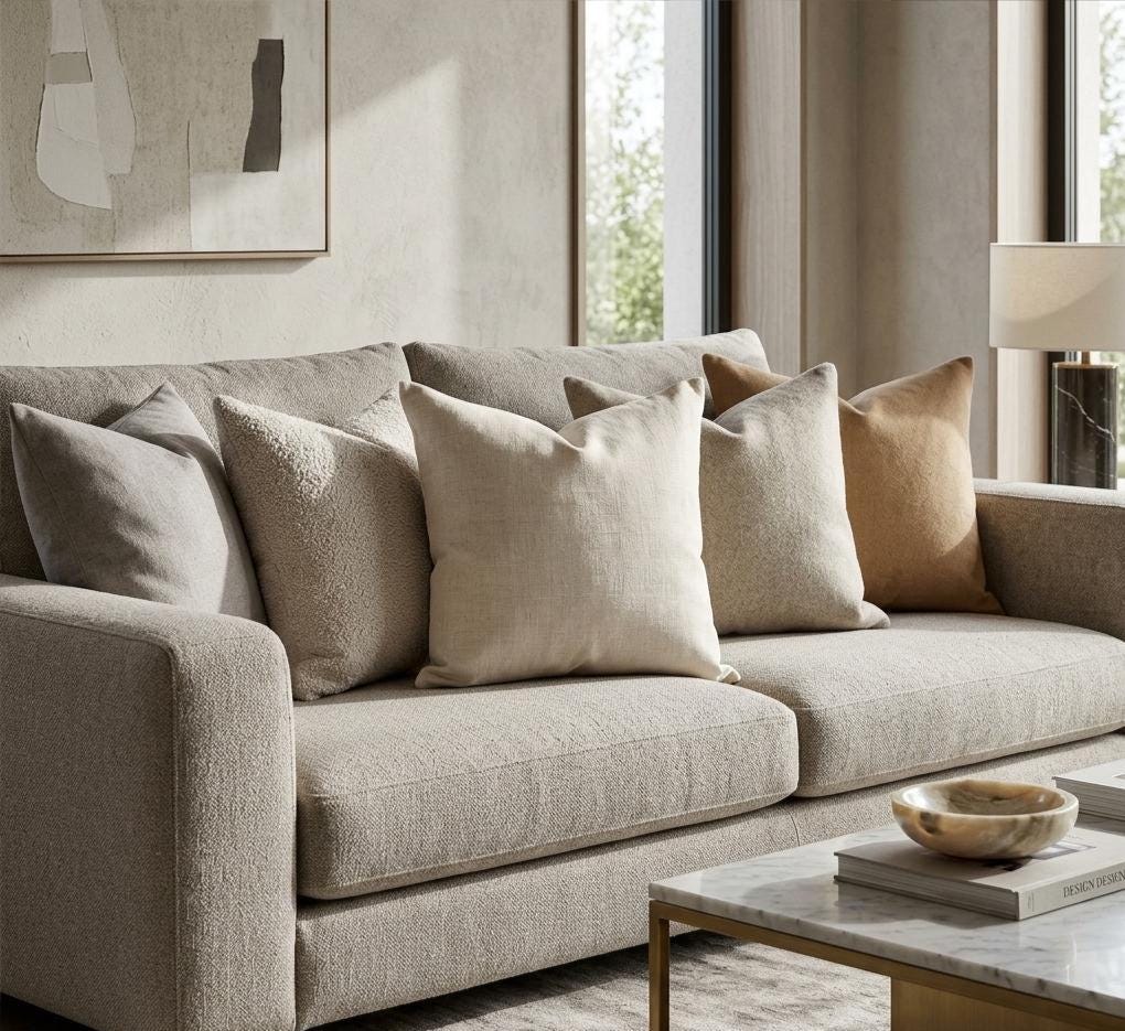 Light grey linen pillow cover corner detail with visible stitching