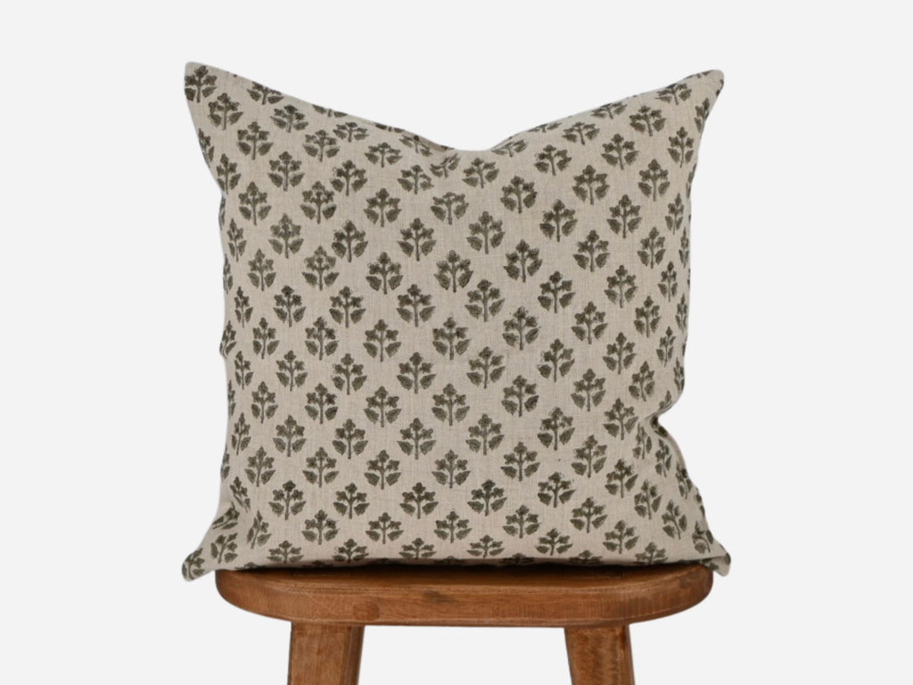 Olive green sprig hand block print linen pillow cover, front view