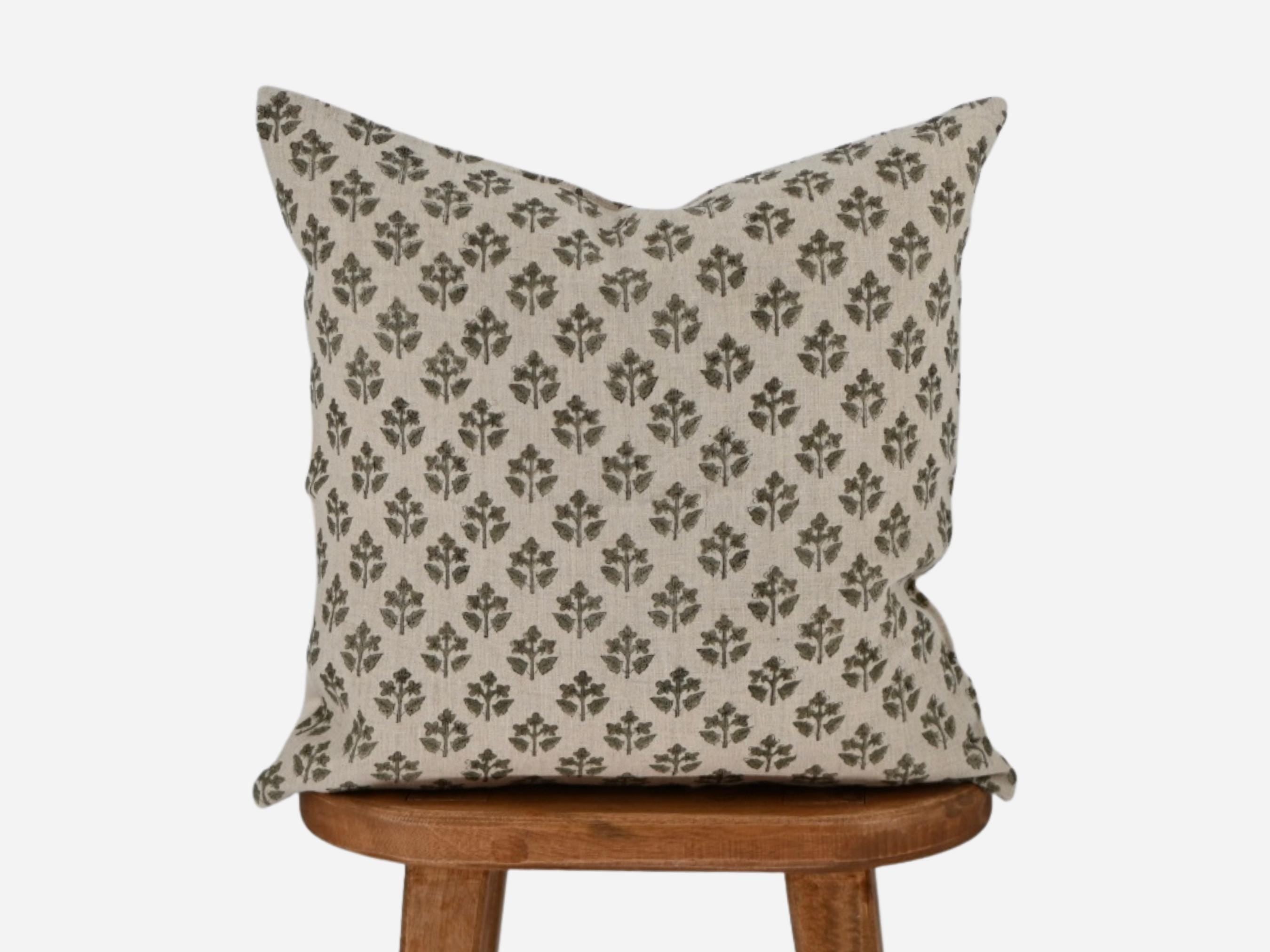 Olive green sprig hand block print linen pillow cover, front view
