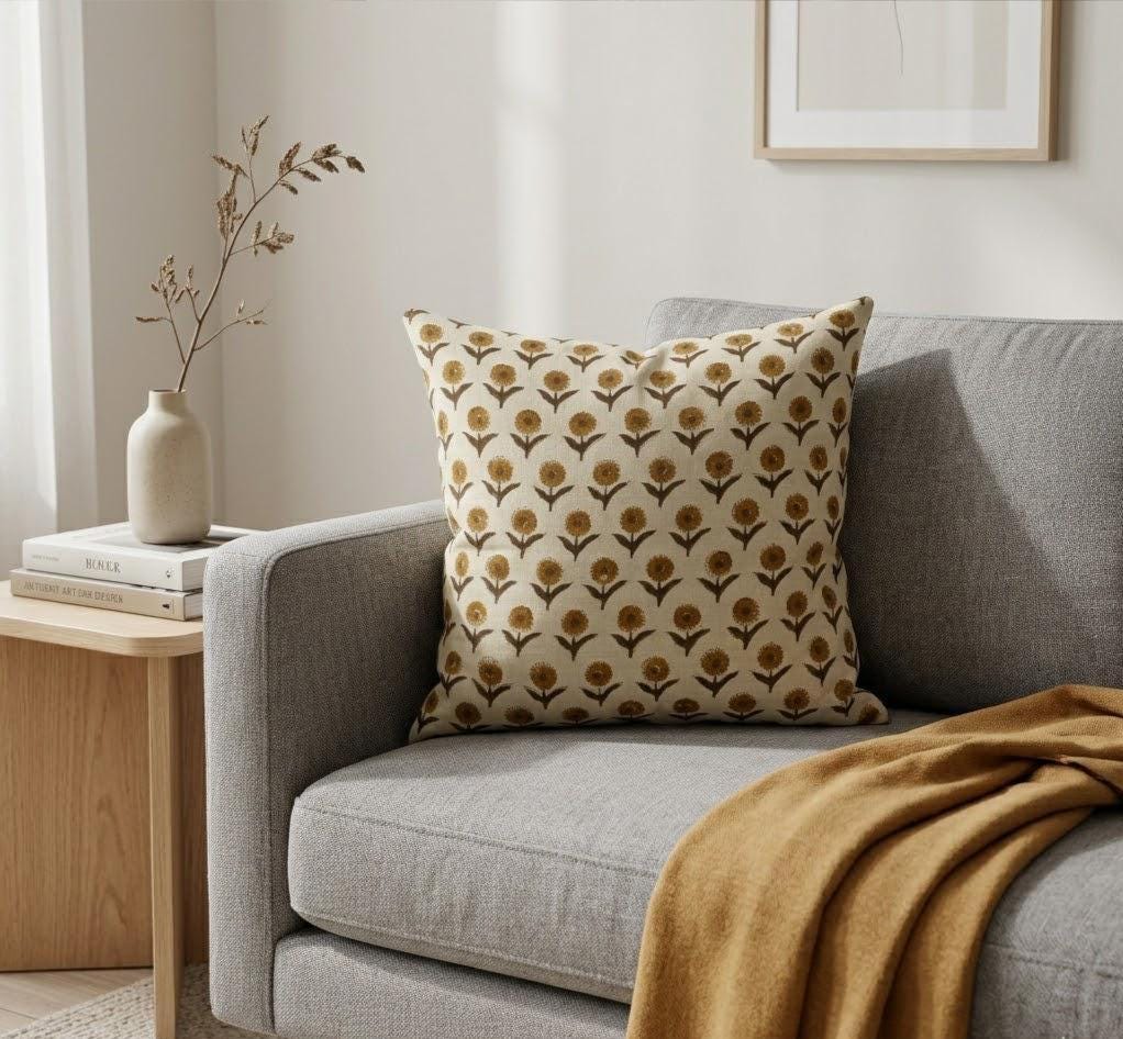 Mustard floral hand block print linen pillow cover, fabric texture close-up