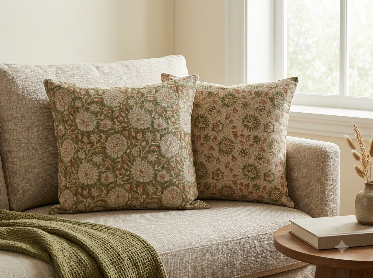 Alexis Cream Linen Block Print Pillow Cover