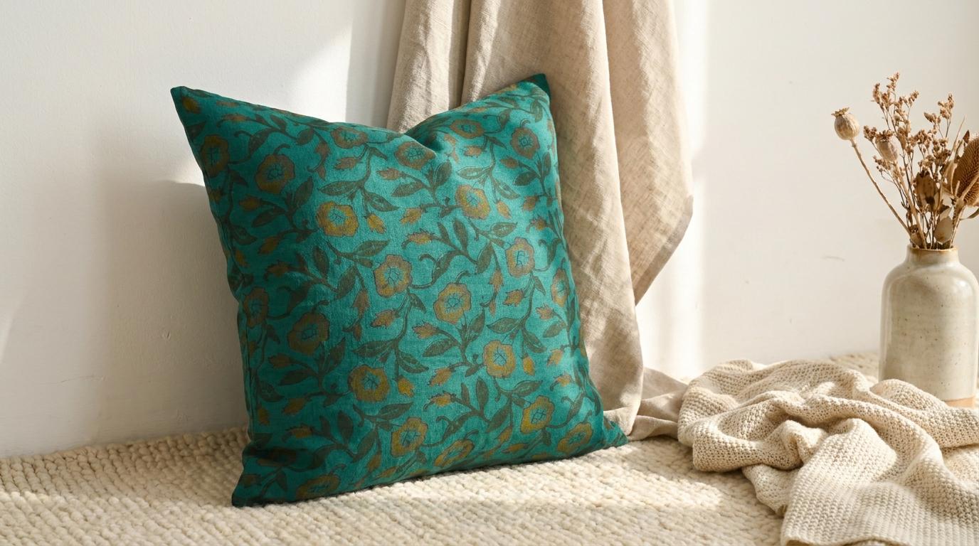 Fabric texture close-up of hand block printed teal wild rose linen