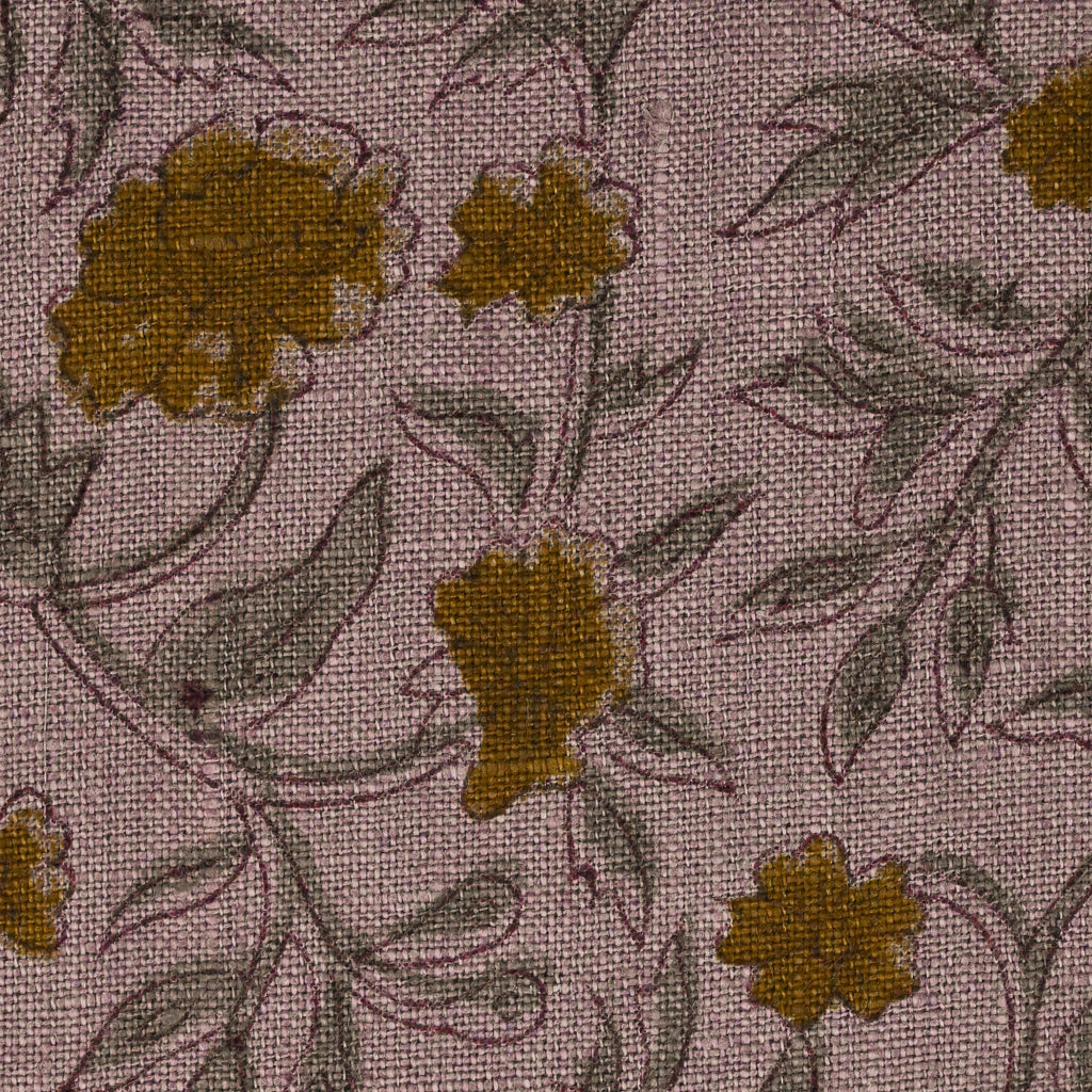 Close-up of the carnation trail block print detail in ochre gold