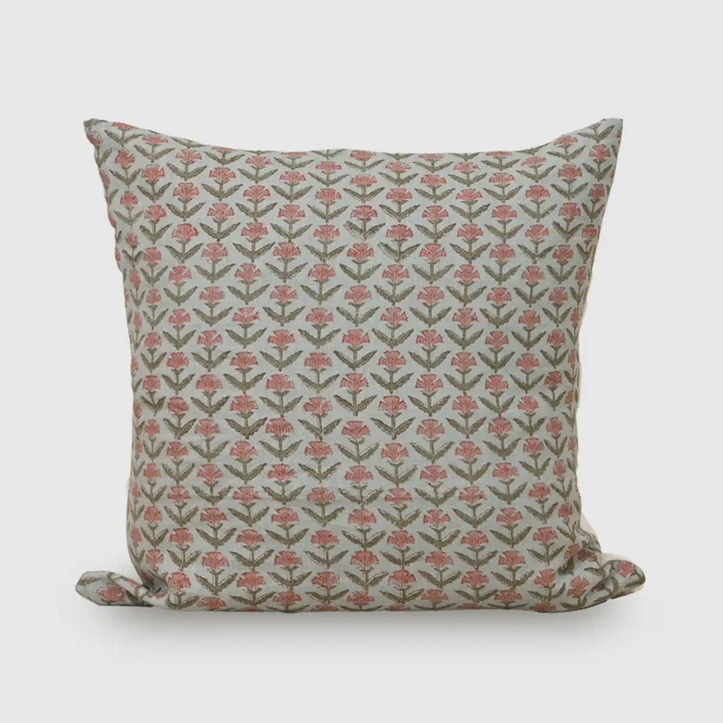 Rose pink floral buti hand block print linen pillow cover, front view