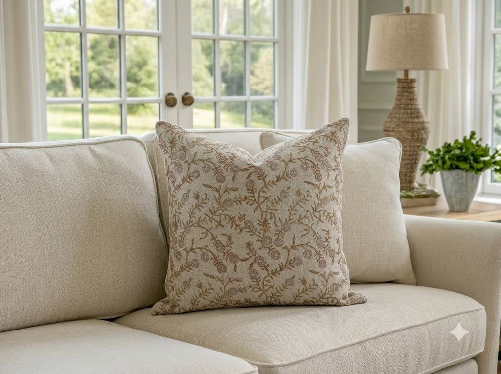 Bailey Taupe  Linen Block Print Pillow Cover