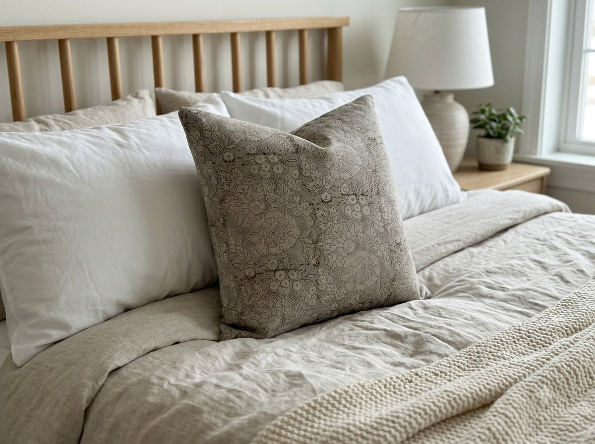 Jasmine Taupe Linen Block Print Pillow Cover