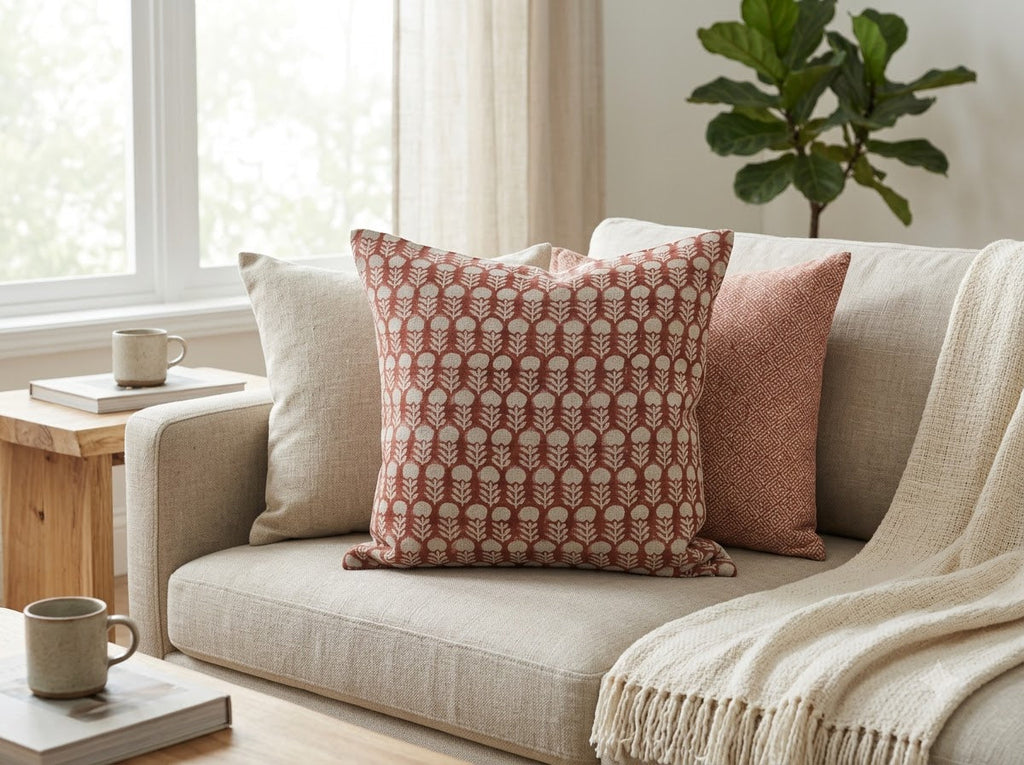 Vivian  Rust Linen Block Print Pillow Cover