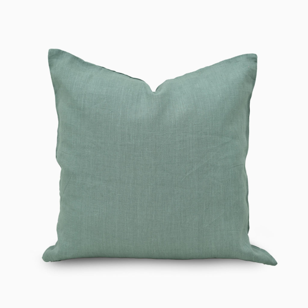 Teal solid linen pillow cover, front view showing soft muted teal tone