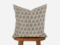 Blue-grey and brown floral sprig hand block print linen pillow cover, front view