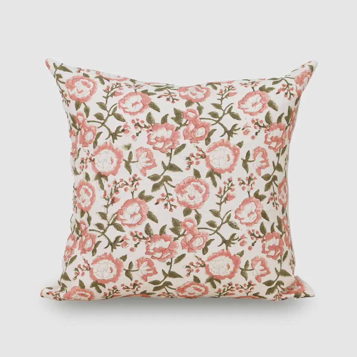 Blush pink floral hand block print linen cushion cover, front view