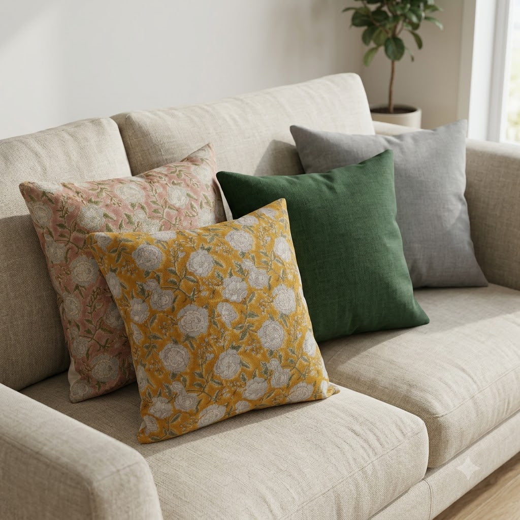 Madelyn Off-White Linen Block Print Pillow Cover