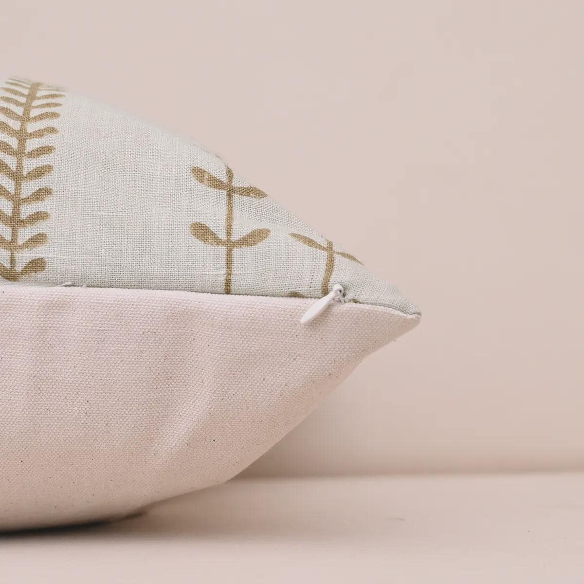 Olive leaf trail linen pillow cover corner and zipper detail
