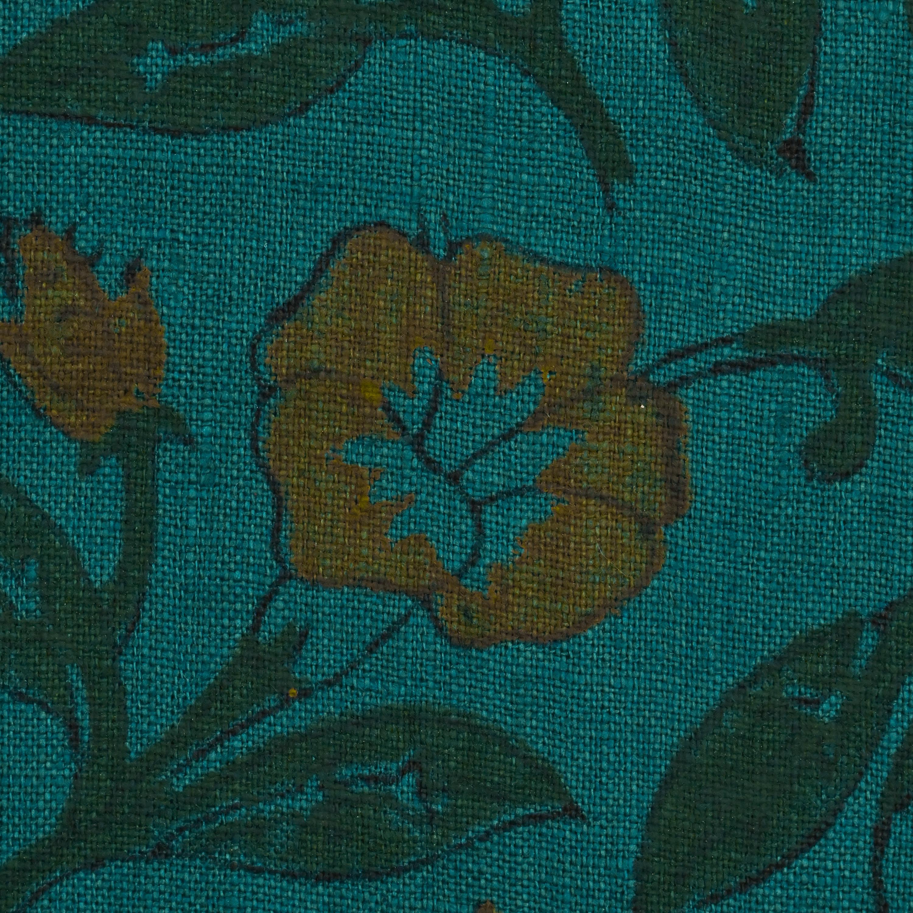 Front view of teal wild rose hand block print cushion cover