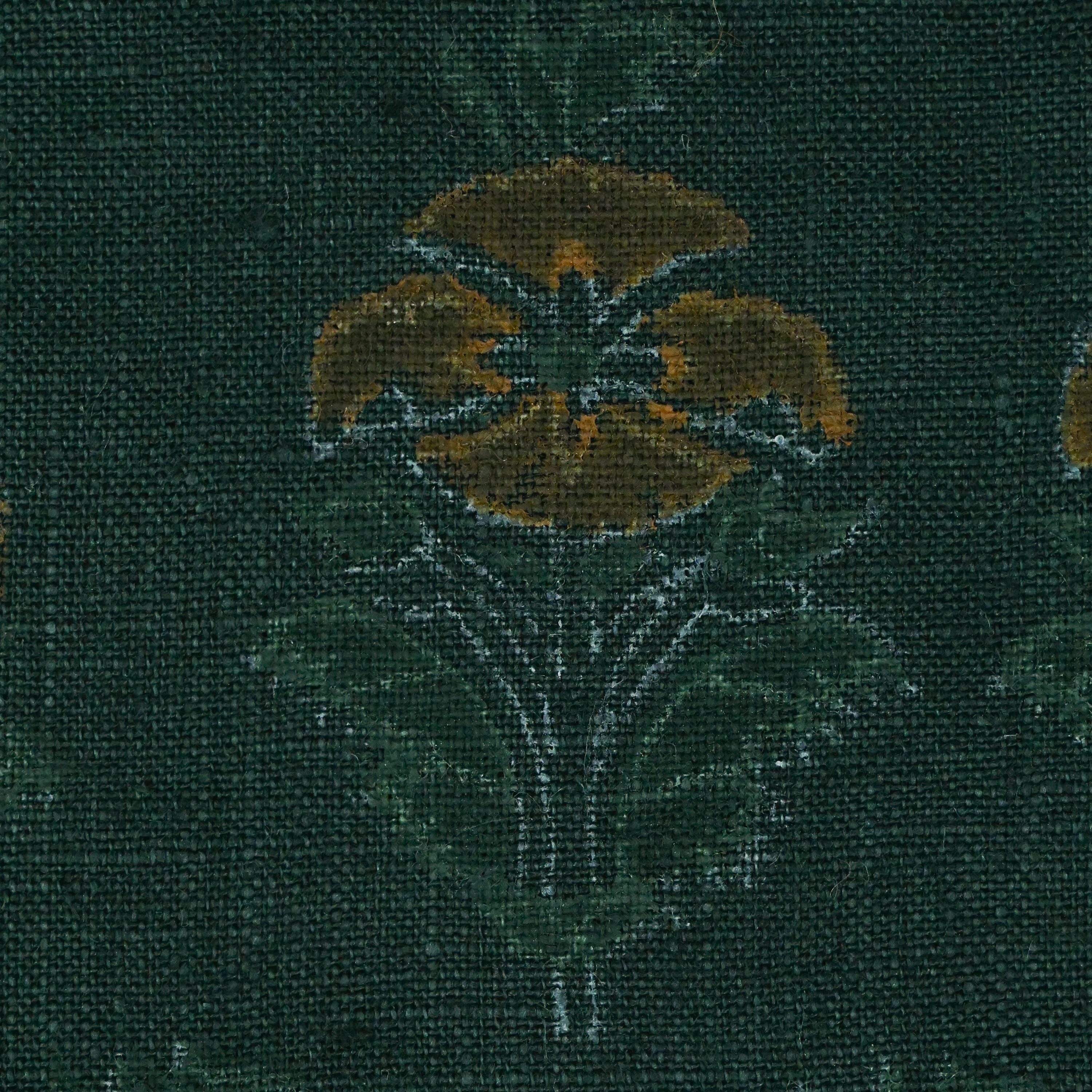 Front view of forest green ochre floral buti cushion cover