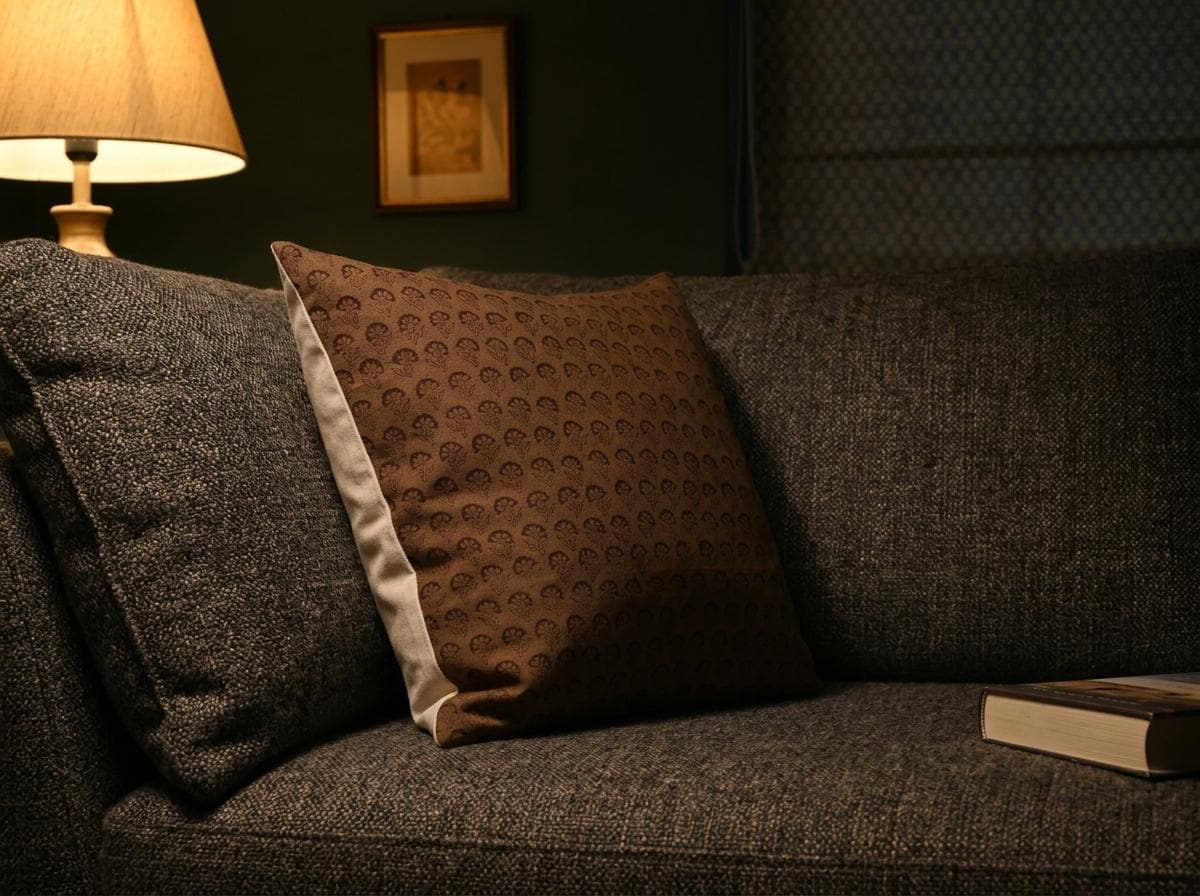 Corner detail of brown floral block print linen pillow cover