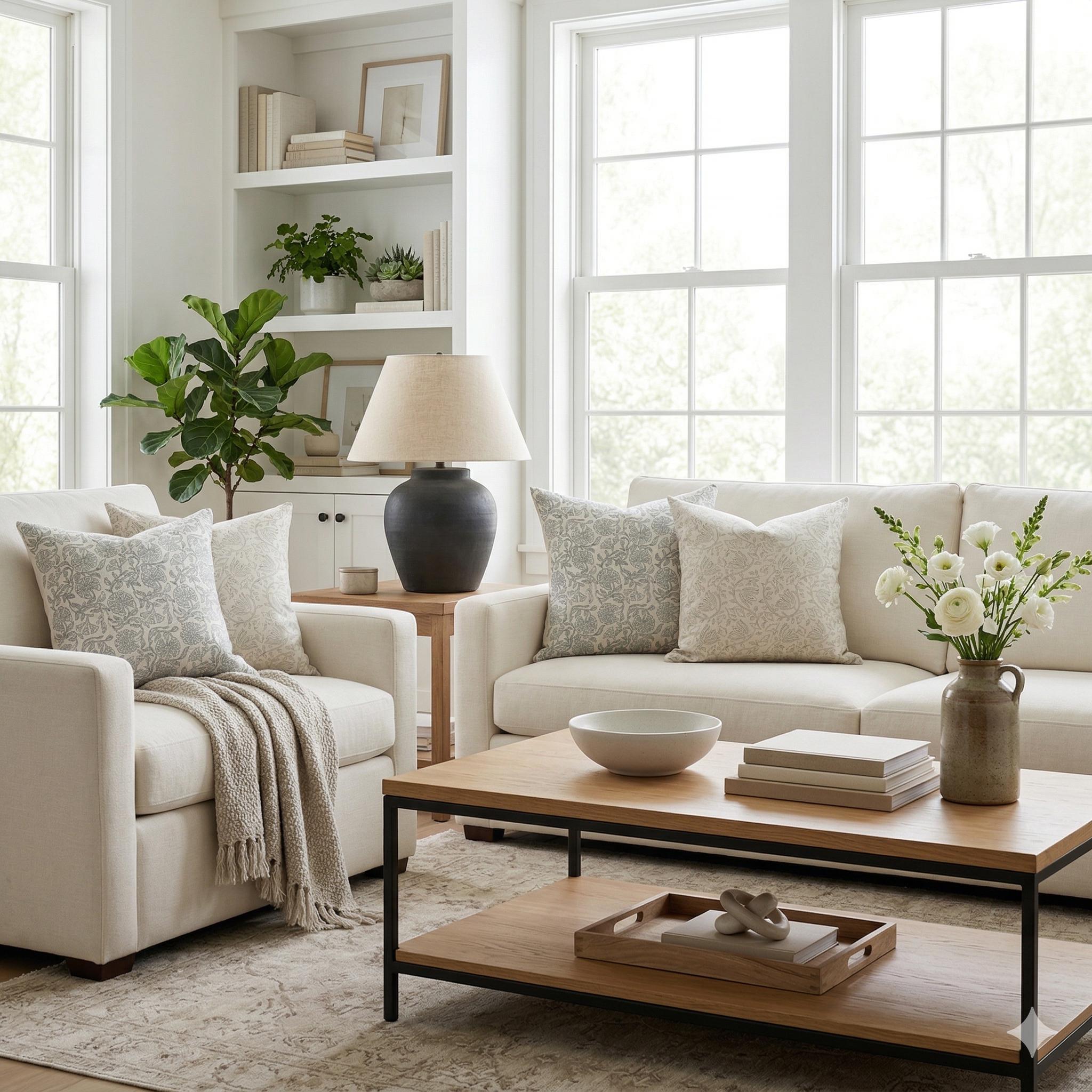 Ashen grey hand block print linen pillow cover styled in a living room
