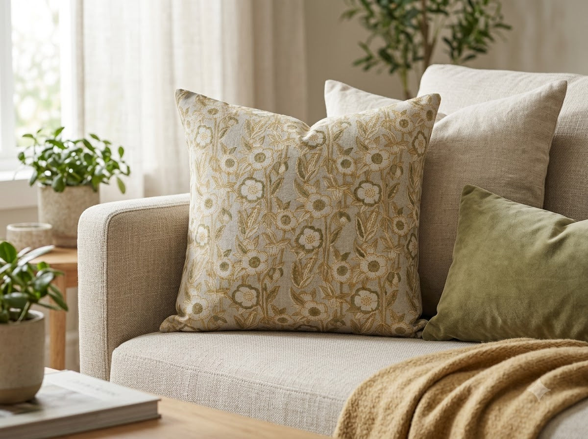 Maria Warm Linen Block Print Pillow Cover