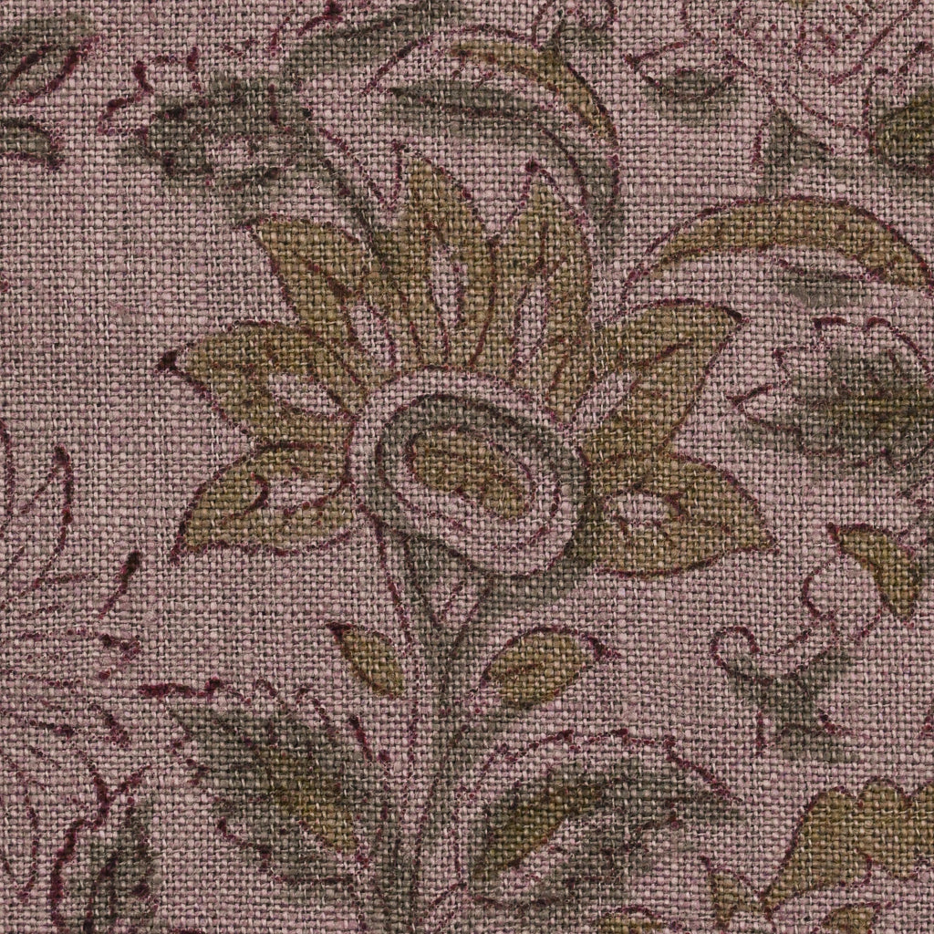 Close-up of the charcoal and khaki gold floral vine block print detail