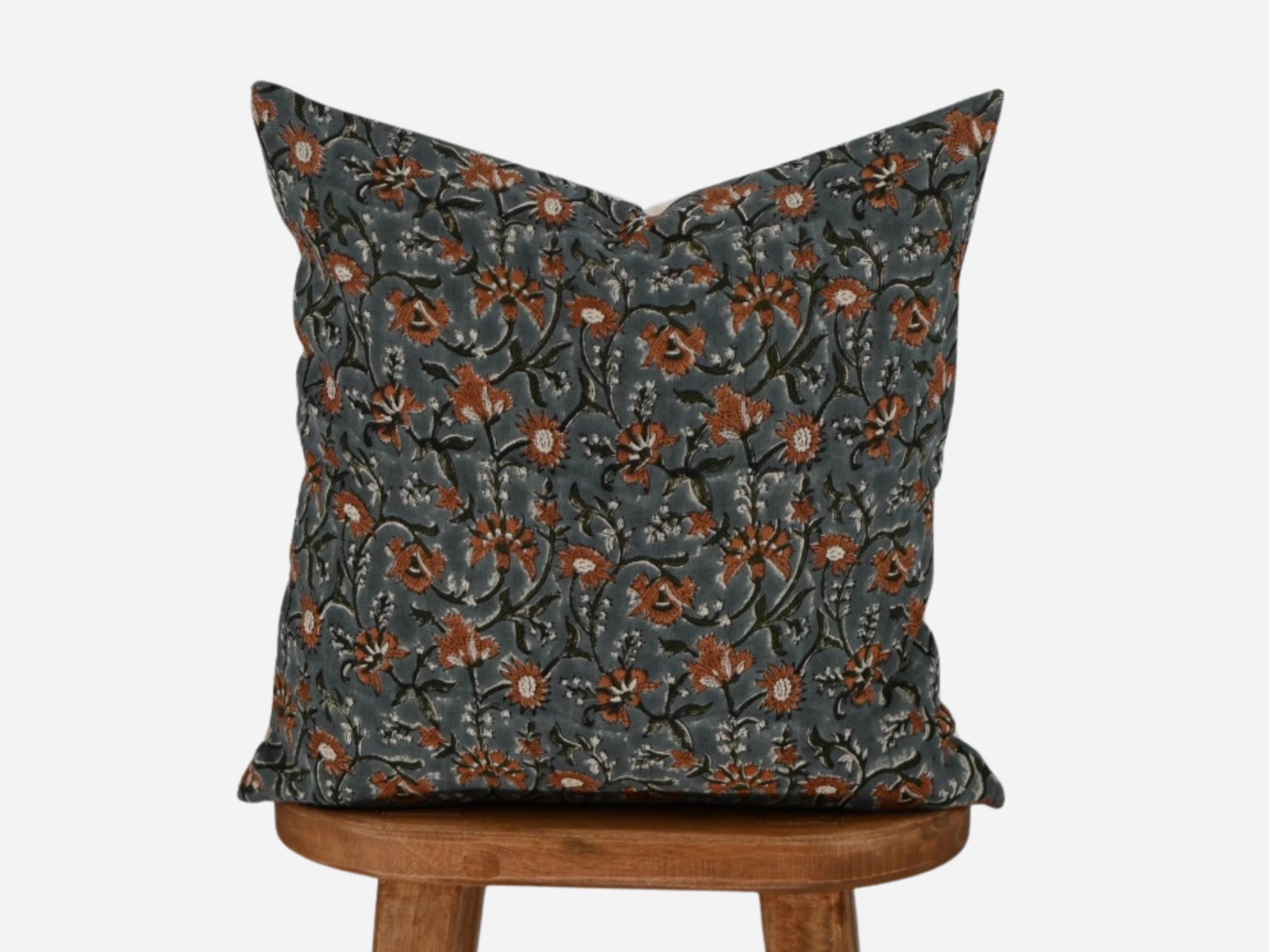 Slate blue rust floral hand block print linen pillow cover, front view