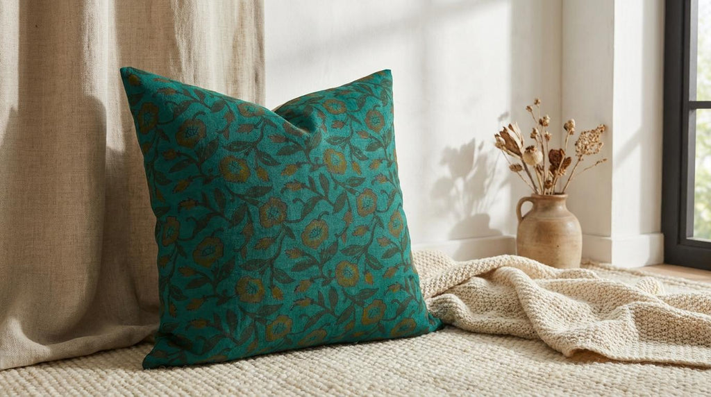 Stack of teal wild rose block print pillow covers
