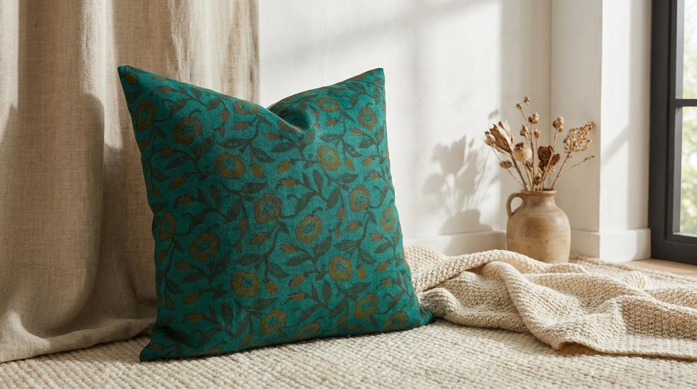 Stack of teal wild rose block print pillow covers