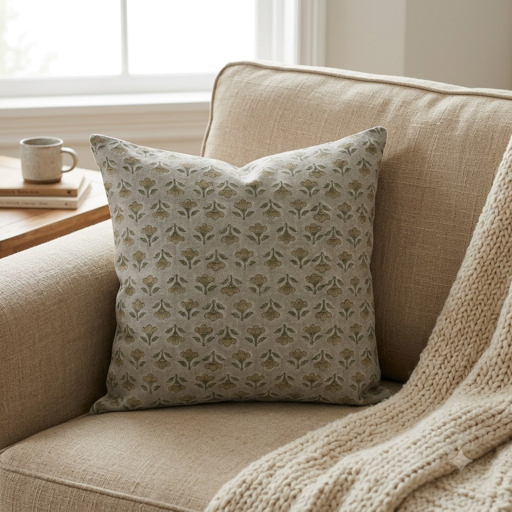 Madeline Olive Linen Block Print Pillow Cover