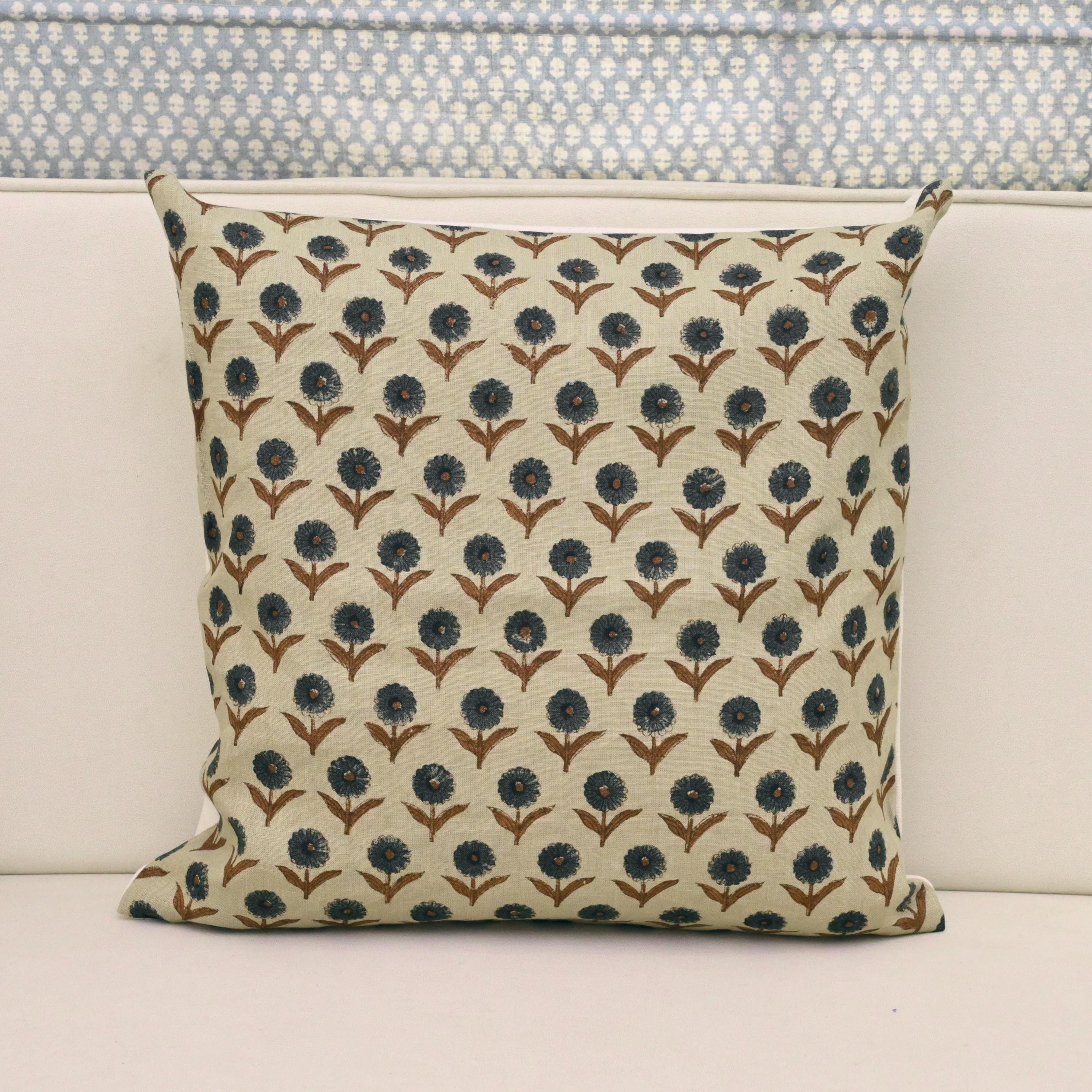 Charcoal navy floral hand block print linen pillow cover on cream background