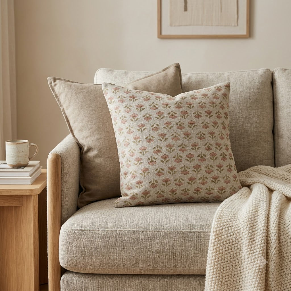 Madeline pink Linen Block Print Pillow Cover