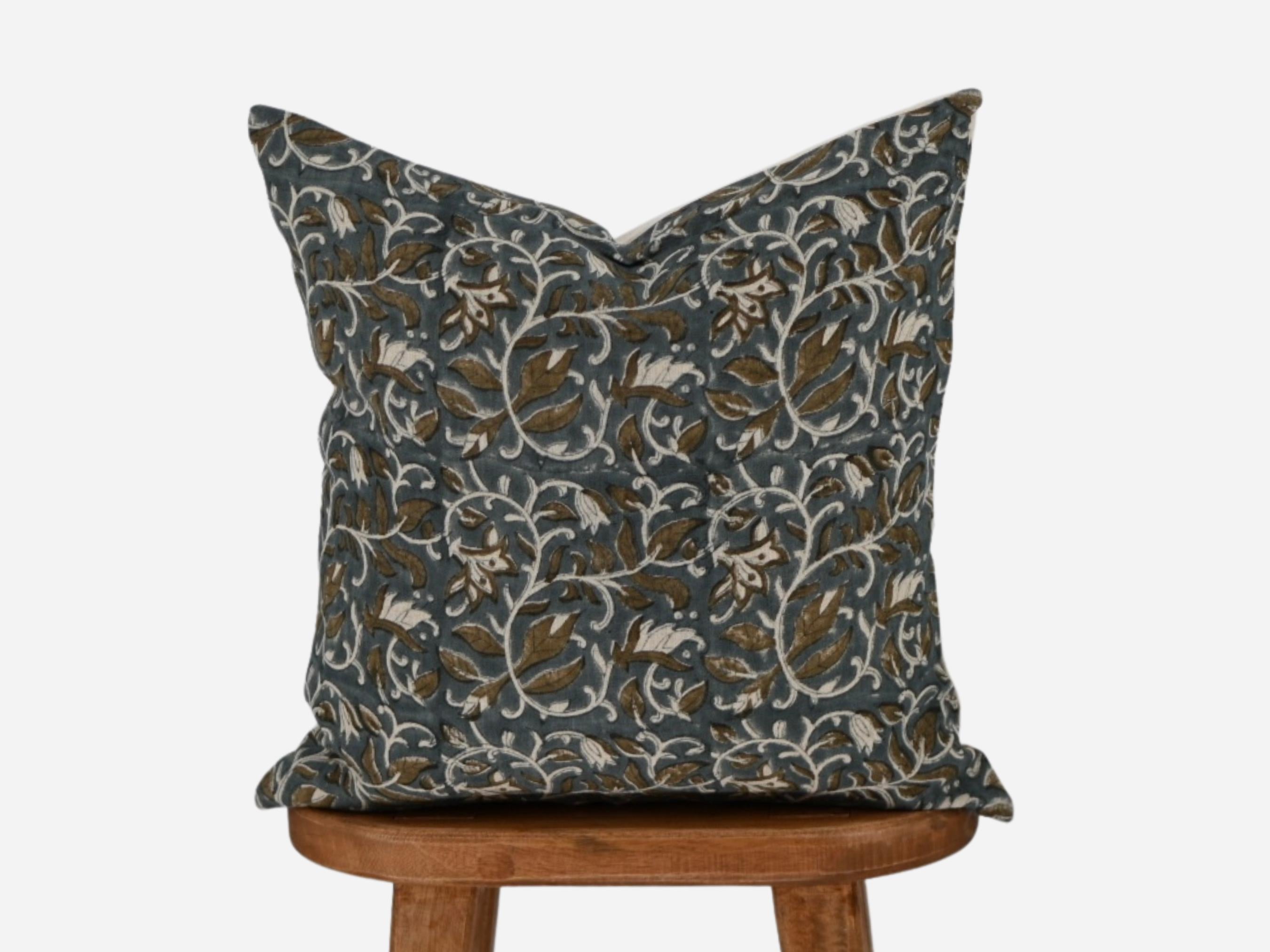 Slate blue paisley vine hand block print linen pillow cover, front view