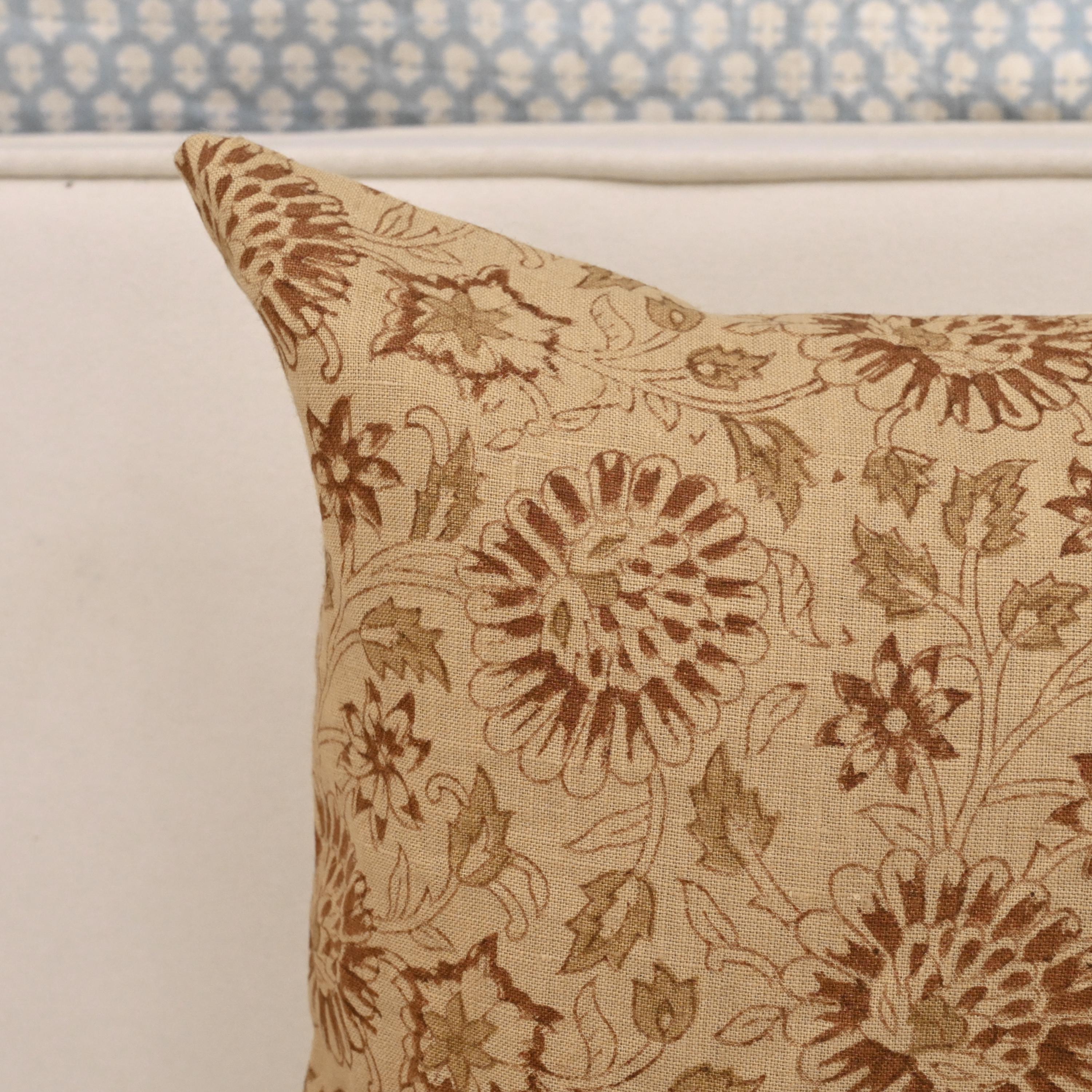 Jaipuri chrysanthemum linen pillow cover styled on a sofa