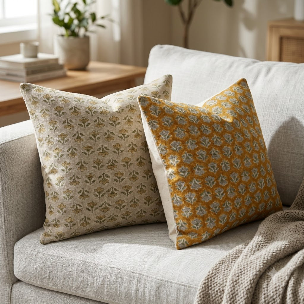 Madeline Gold Linen Block Print Pillow Cover