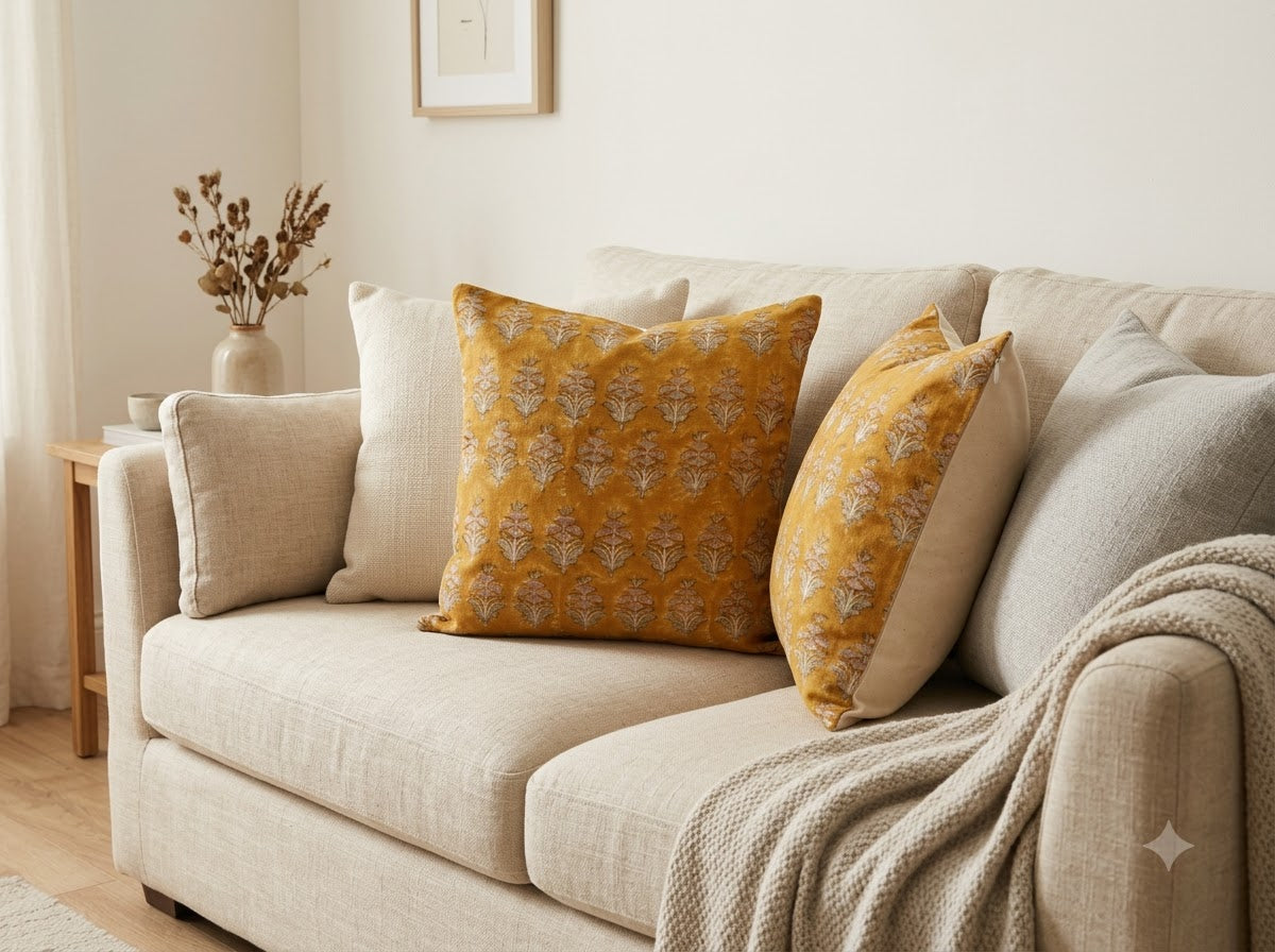 Ariana Mustard Linen Block Print Pillow Cover