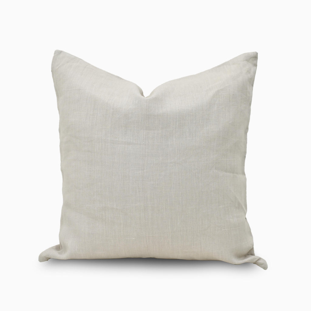 Light grey solid linen pillow cover, front view on white background