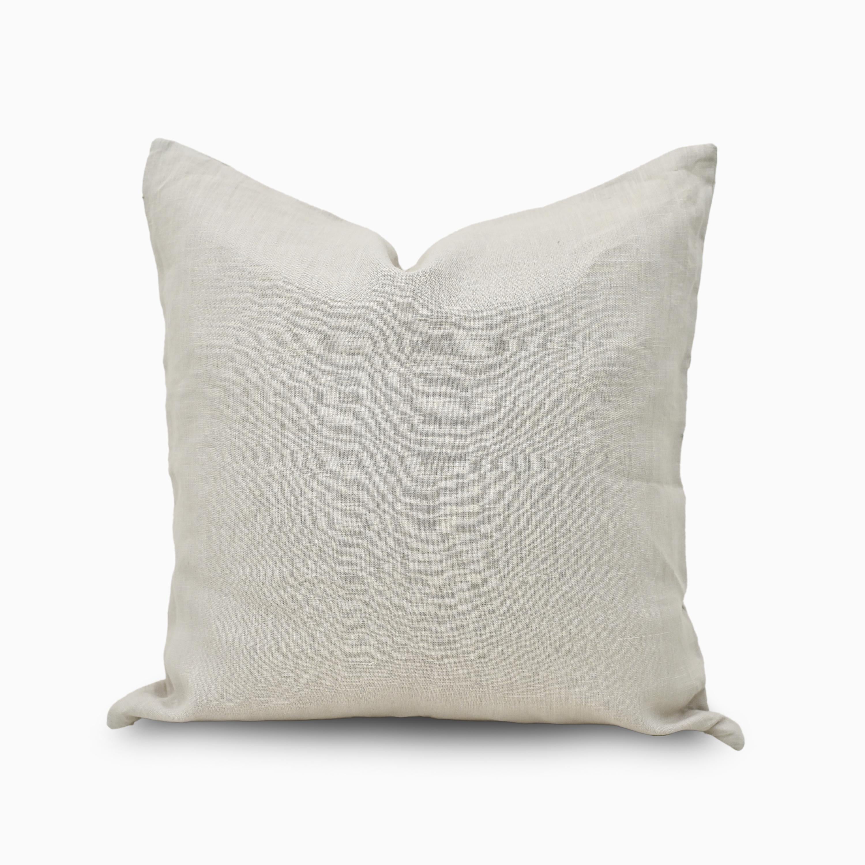 Light grey solid linen pillow cover, front view on white background