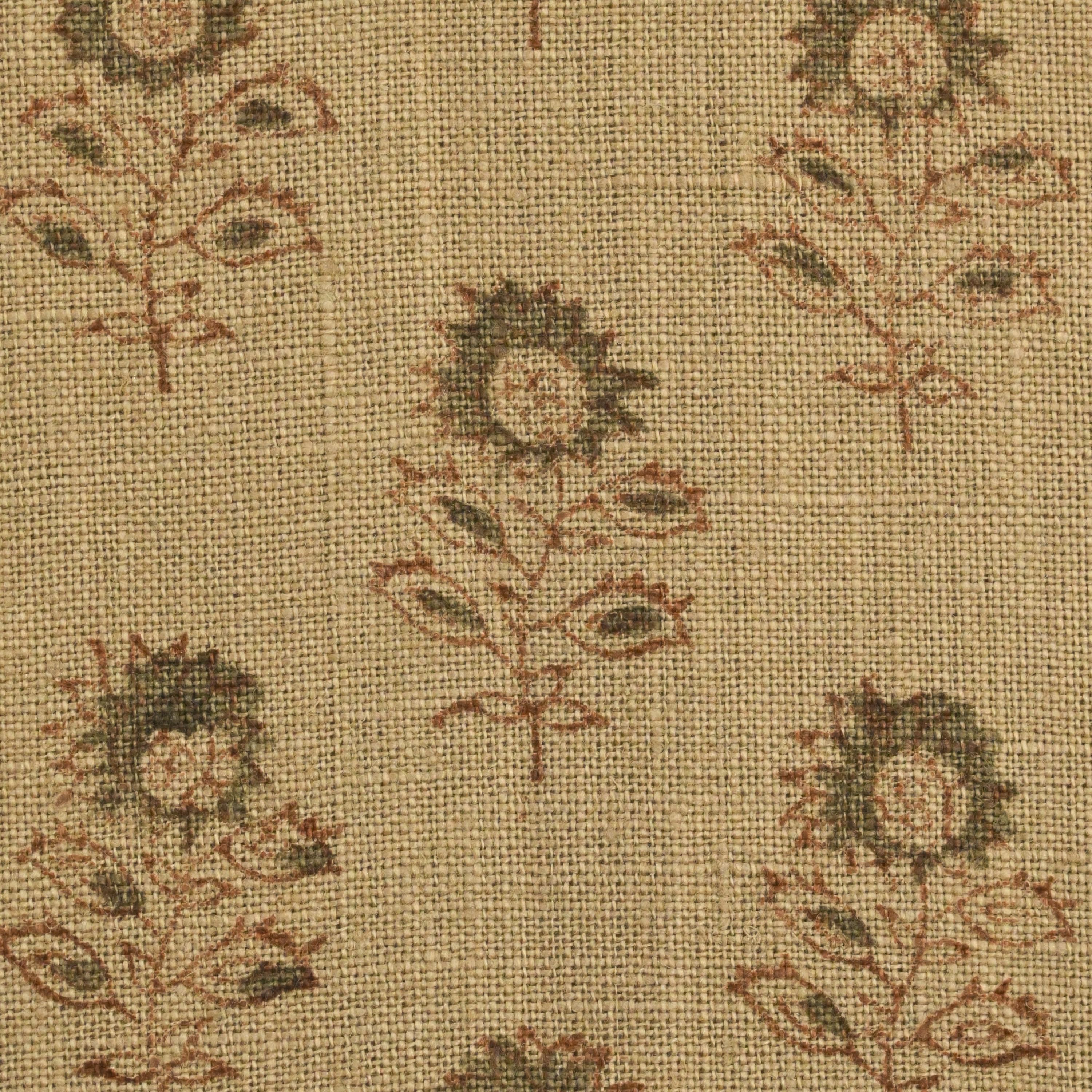 Close-up of the sunflower buti block print detail on camel linen