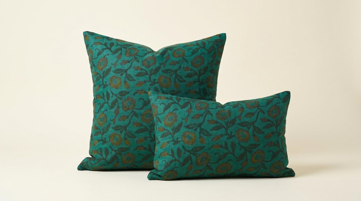 Hidden zipper closure on teal wild rose block print cushion cover