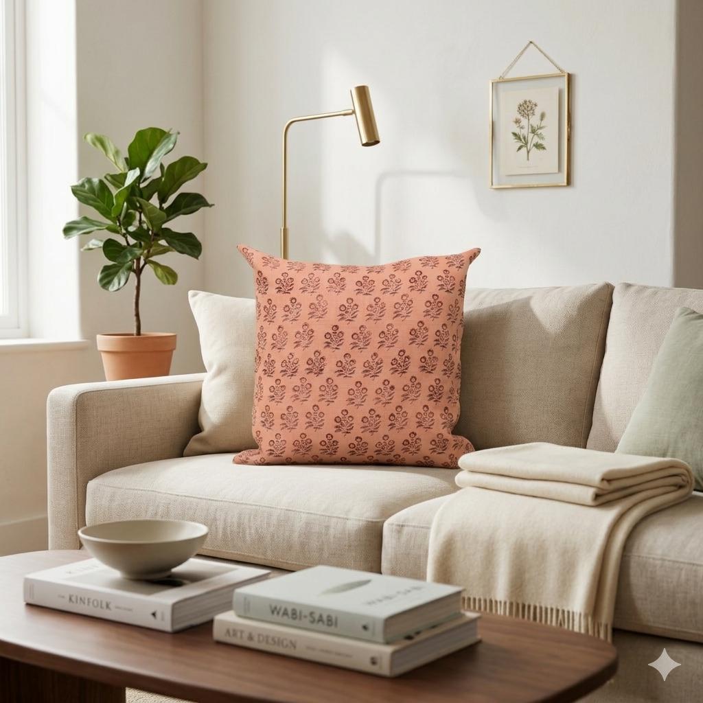 Rust floral hand block print linen throw pillow cover styled in a living room