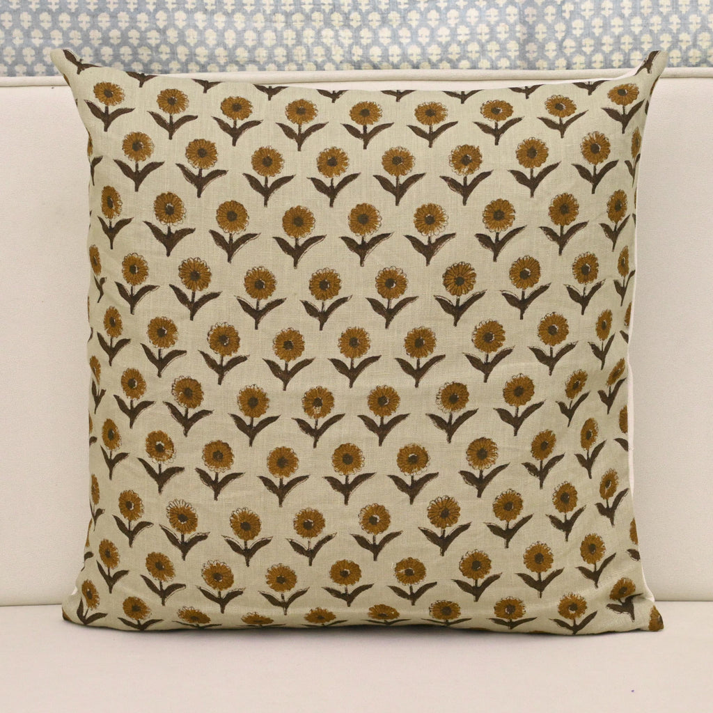 Mustard floral hand block print linen pillow cover, front view