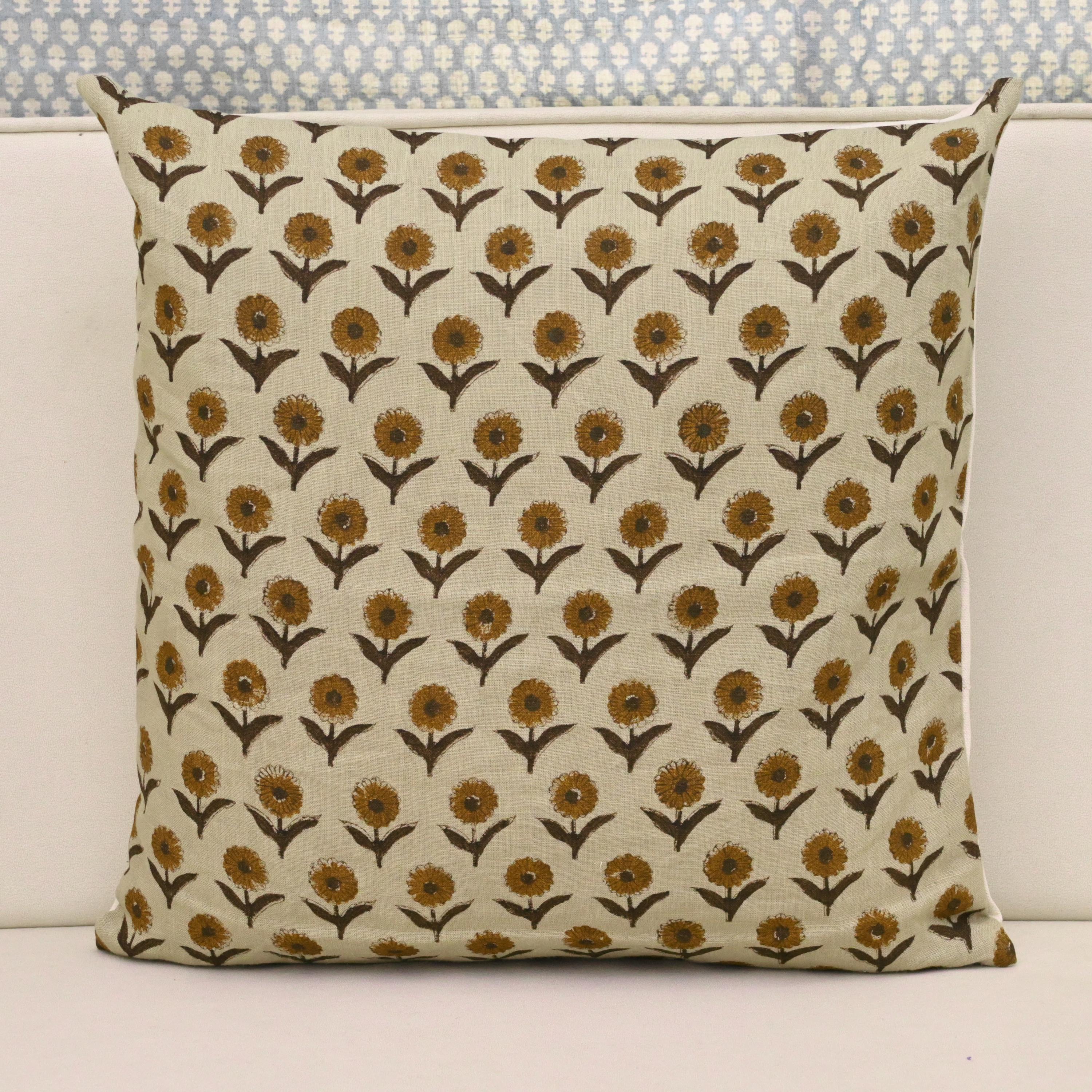 Mustard floral hand block print linen pillow cover, front view