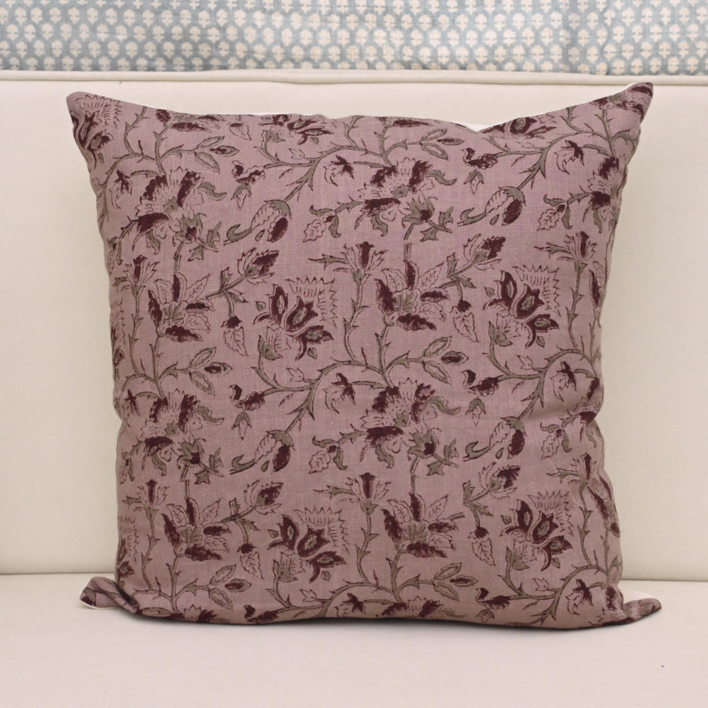 Deep wine burgundy floral hand block print linen pillow cover on mauve background