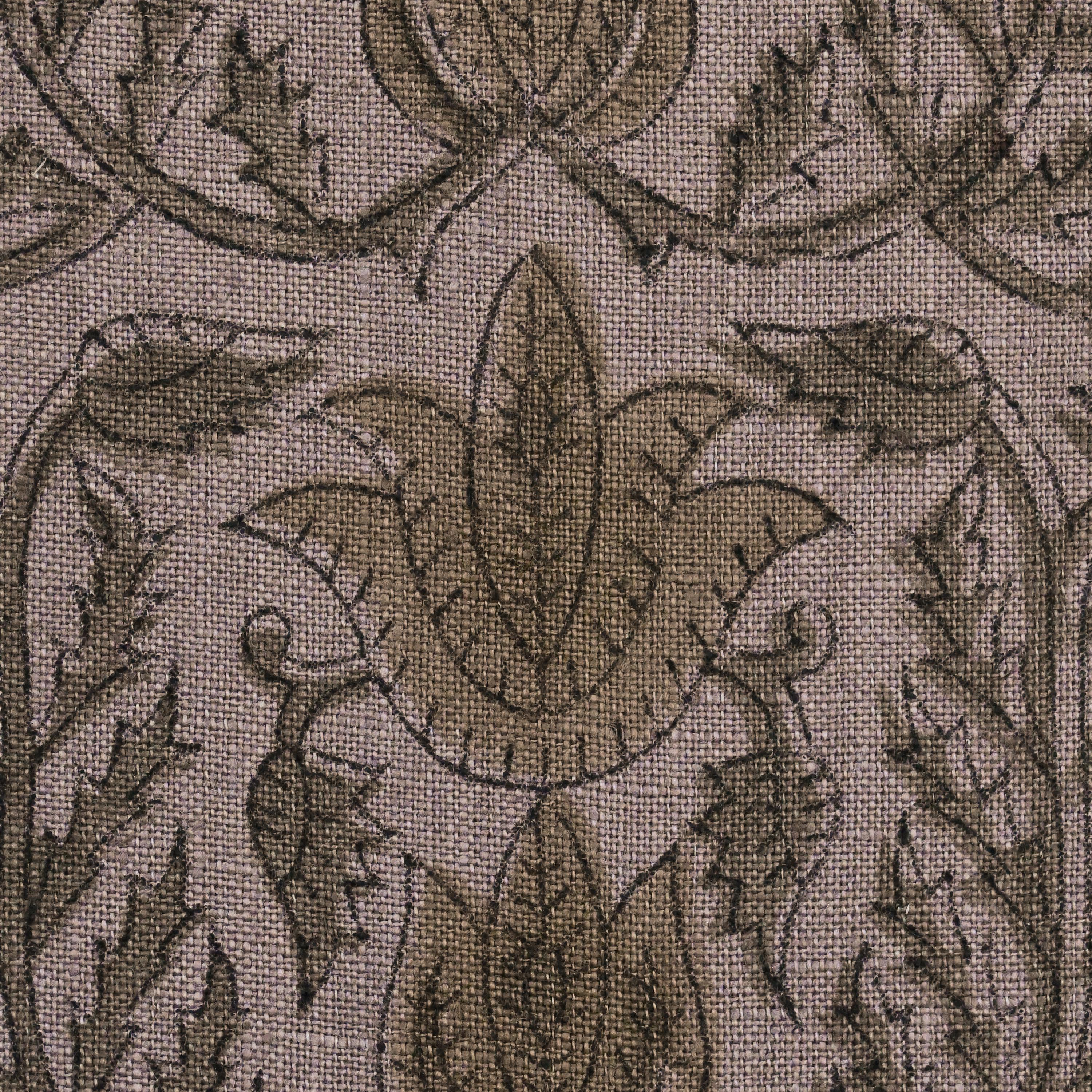 Close-up of the charcoal and khaki gold damask block print detail on mauve linen